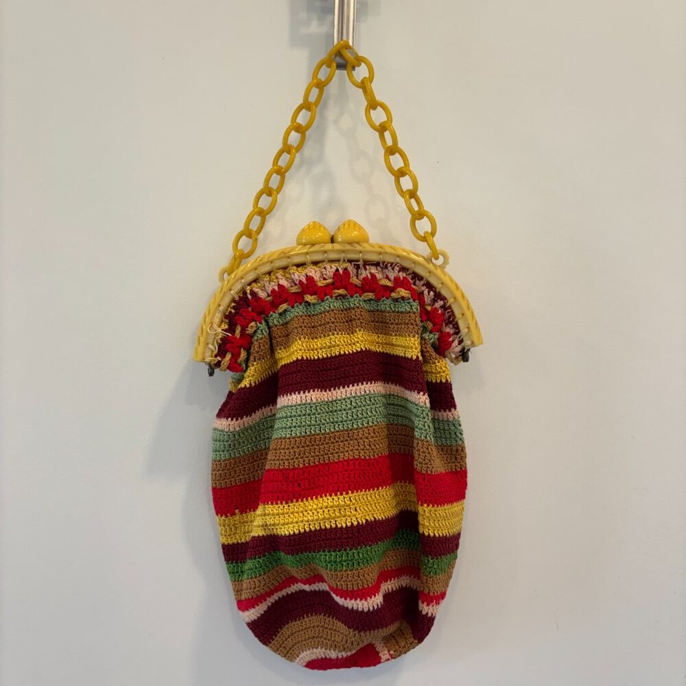 Vintage stripe knit bag with bakelite style frame and handle